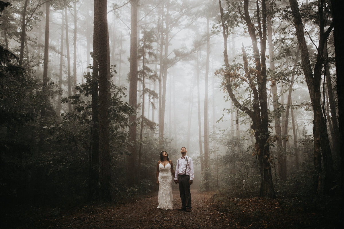 Foggy morning Elopement. Bride and groom