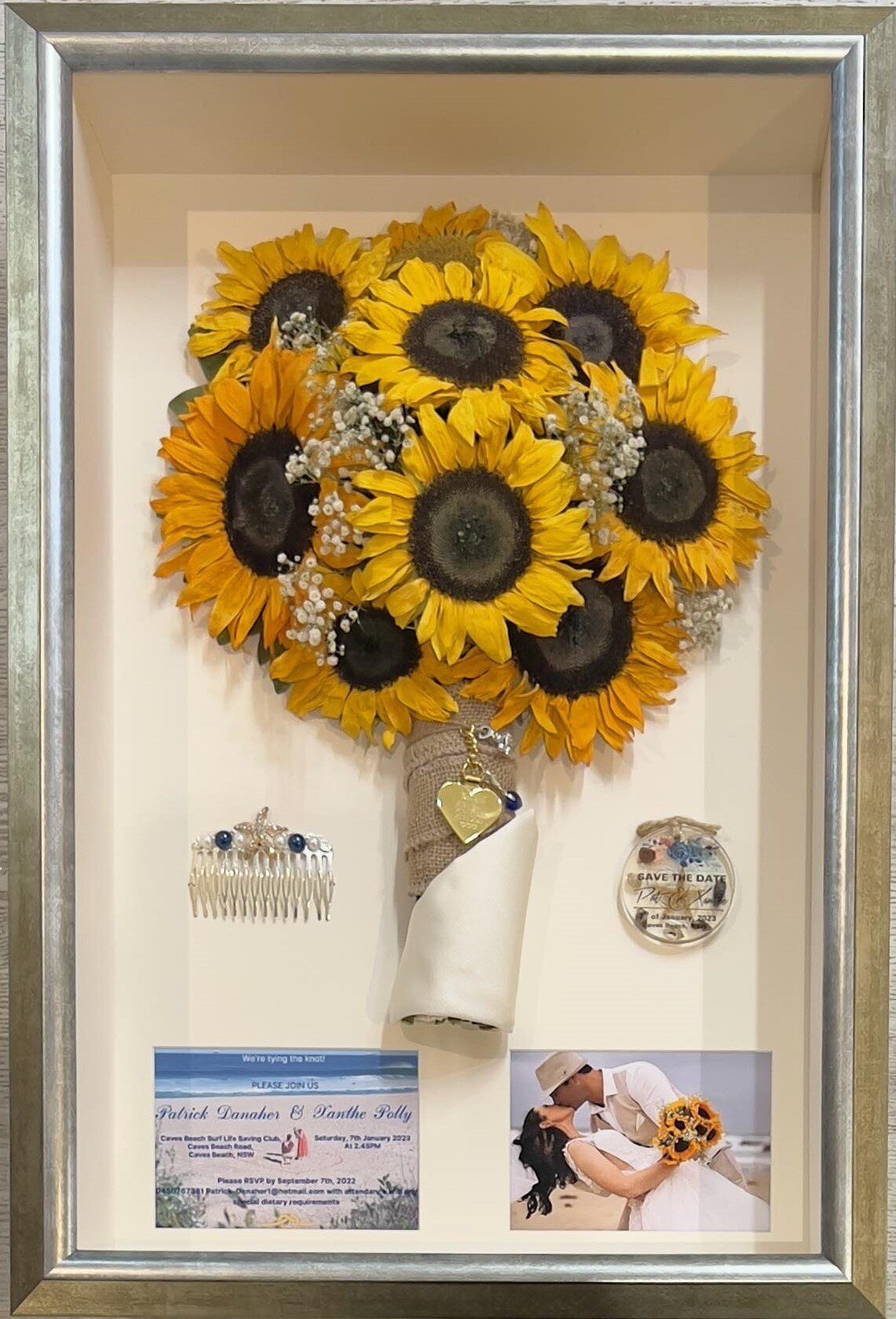 Wedding bouquet preserved in 3D frame.