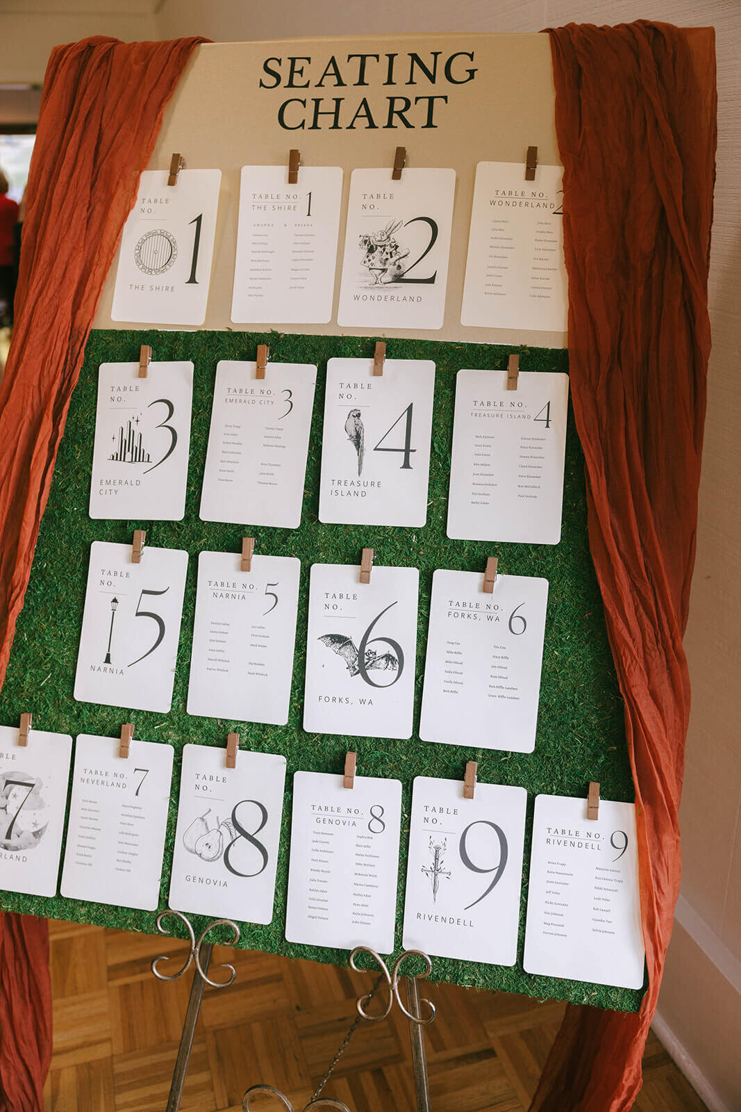 A custom table seating chart with table numbers adorned by the wedding couples favorite fictional worlds.