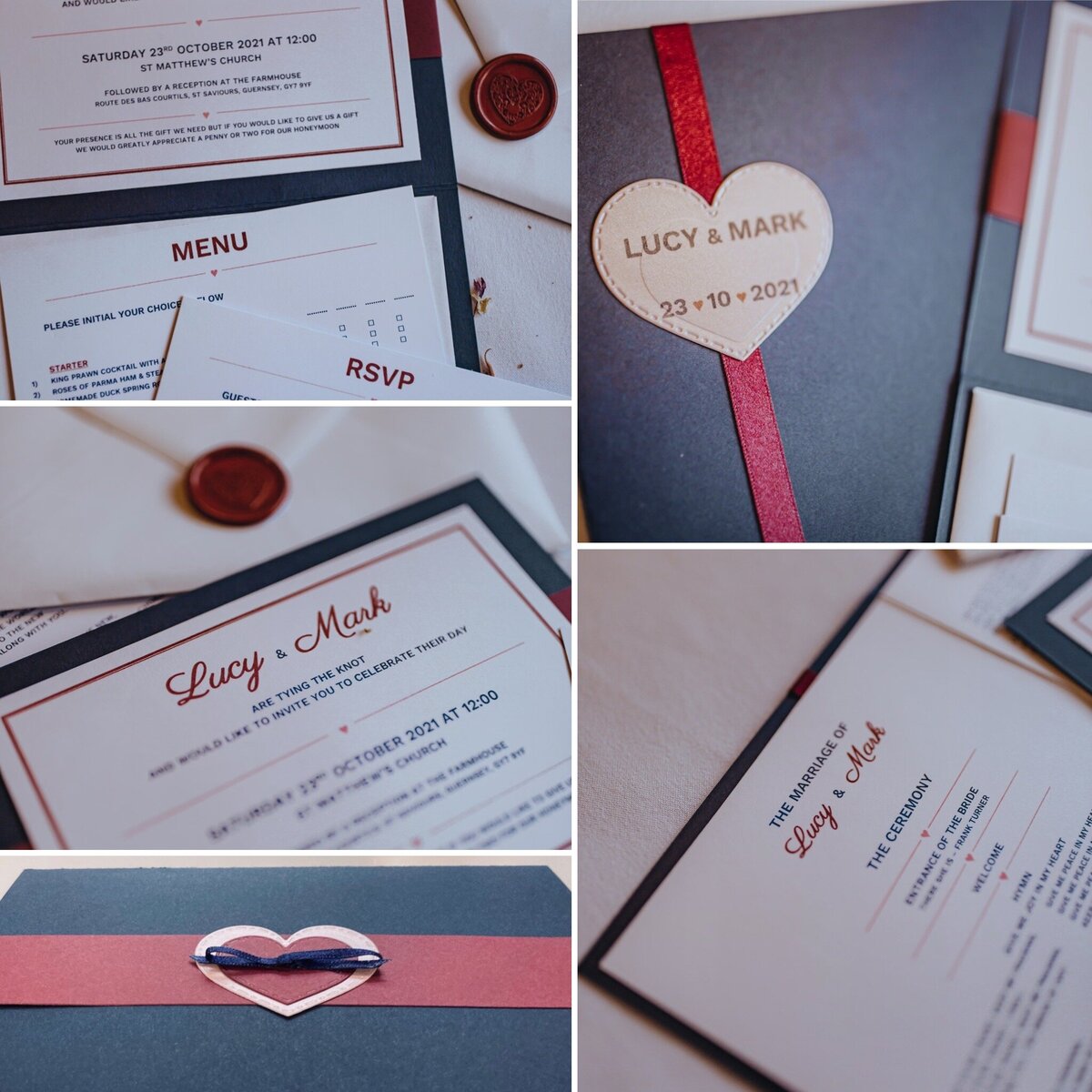 Navy, burgundy and pink wedding invitations with a simple heart design