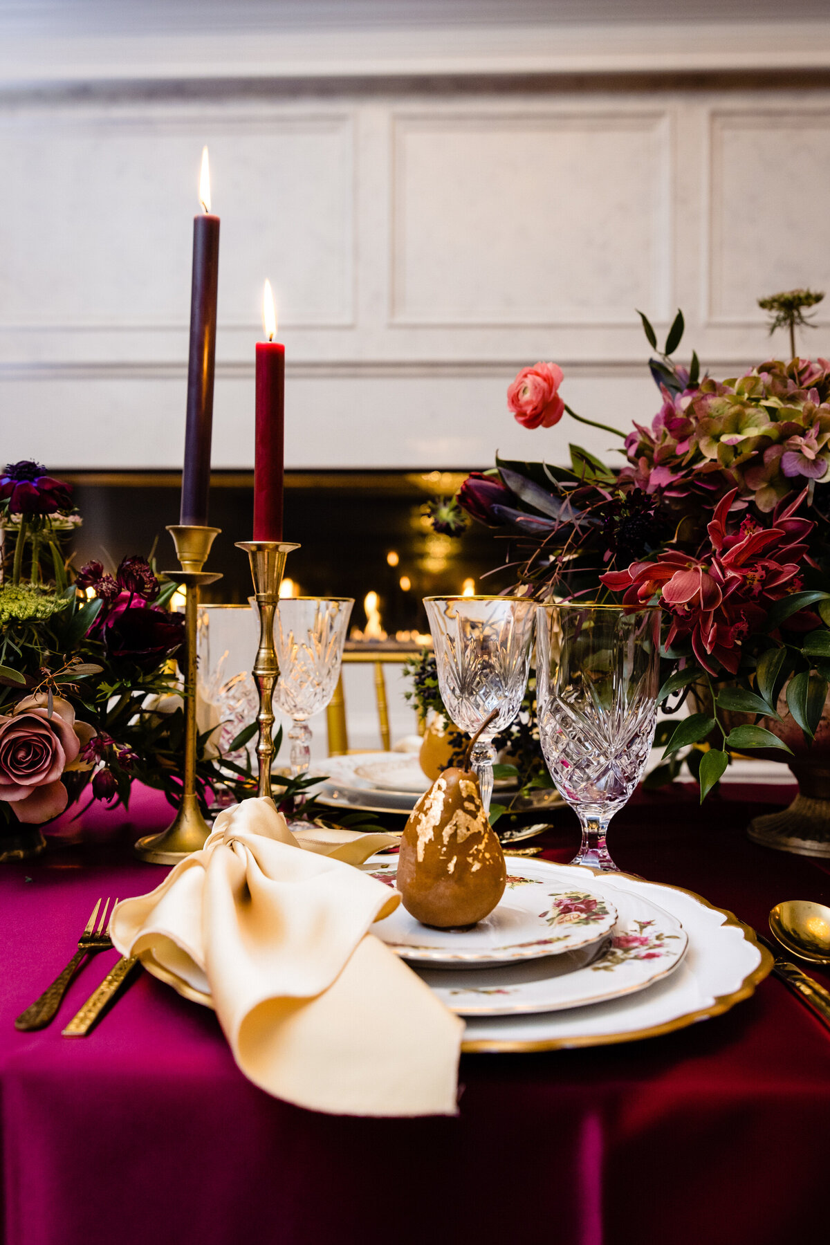 Close up of gothic wedding tablescape