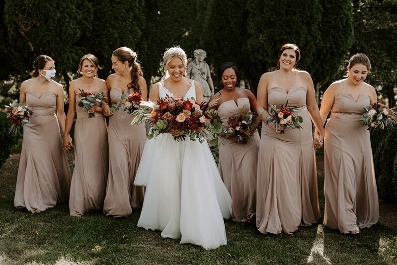 Bride and bridesmaids and their bouquets