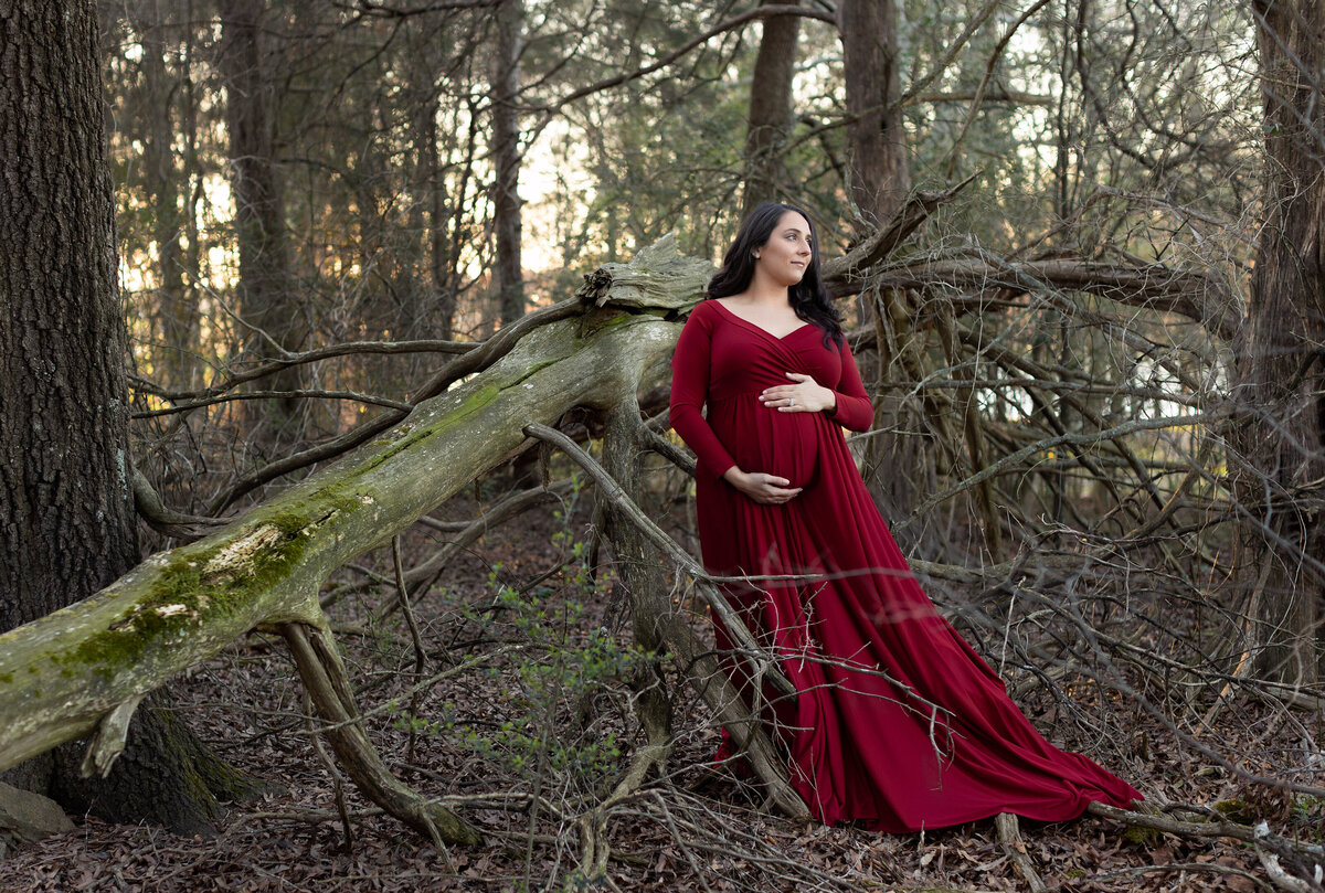 MATERNITY SESSION IN THE WOODS WEARING A DEEP RED MATERNITY GOWN