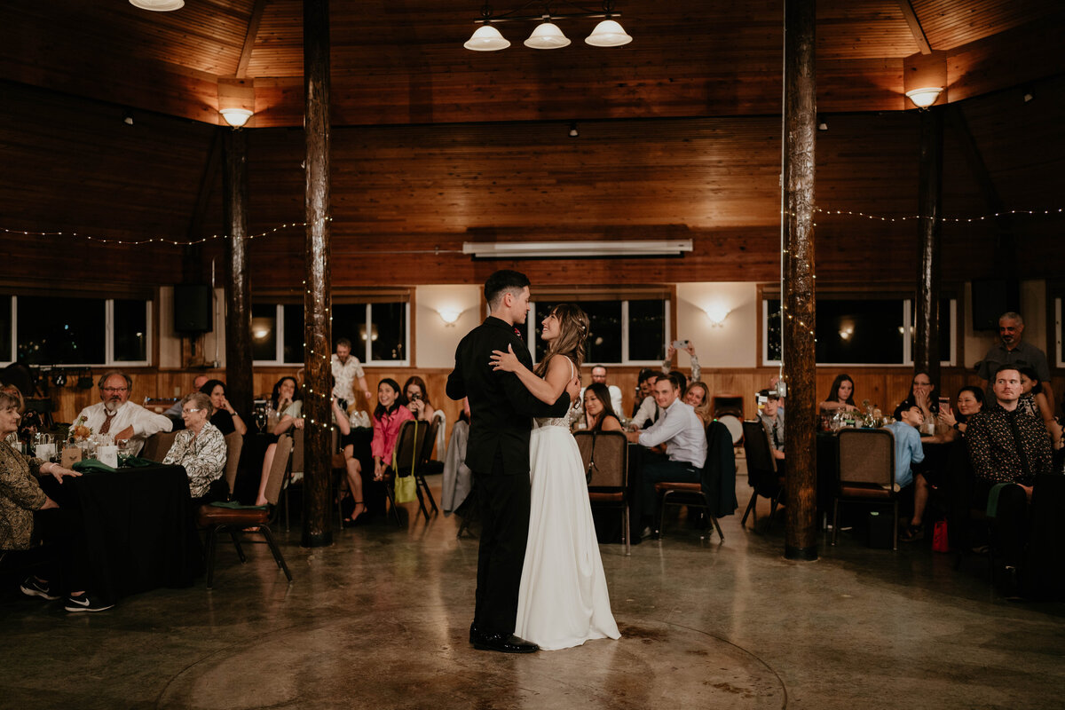 Bride and groom sharing their first dance at Thunder Island