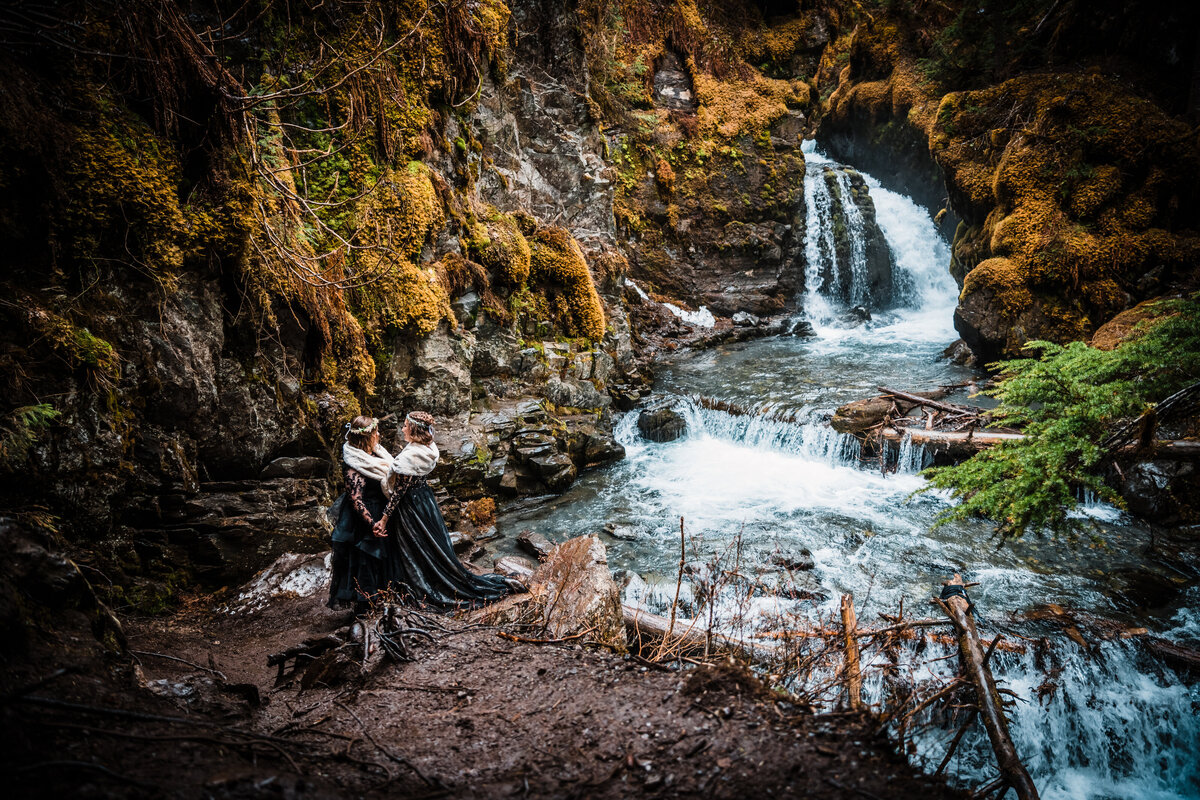 Two brides, both wearing black wedding gowns and white fur stoles, pose for portraits next to an Alaskan waterfall in an Alaskan rainforest