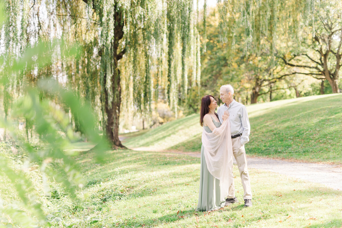 couple posing in front of large willow tree in park in albany ny