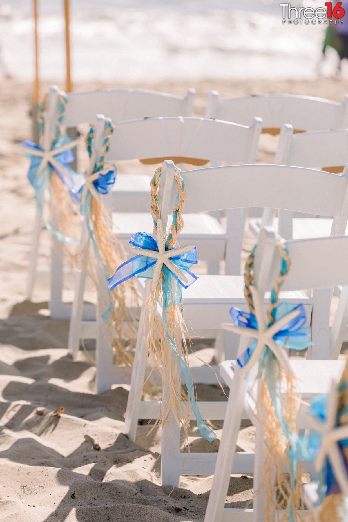 Beautiful seaside decor on the edges of the chairs