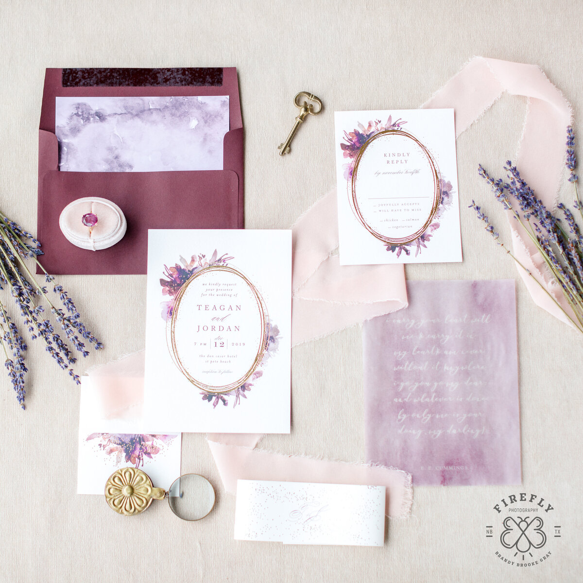 flat lay with lavender by Hill Country wedding photographer Firefly Photography