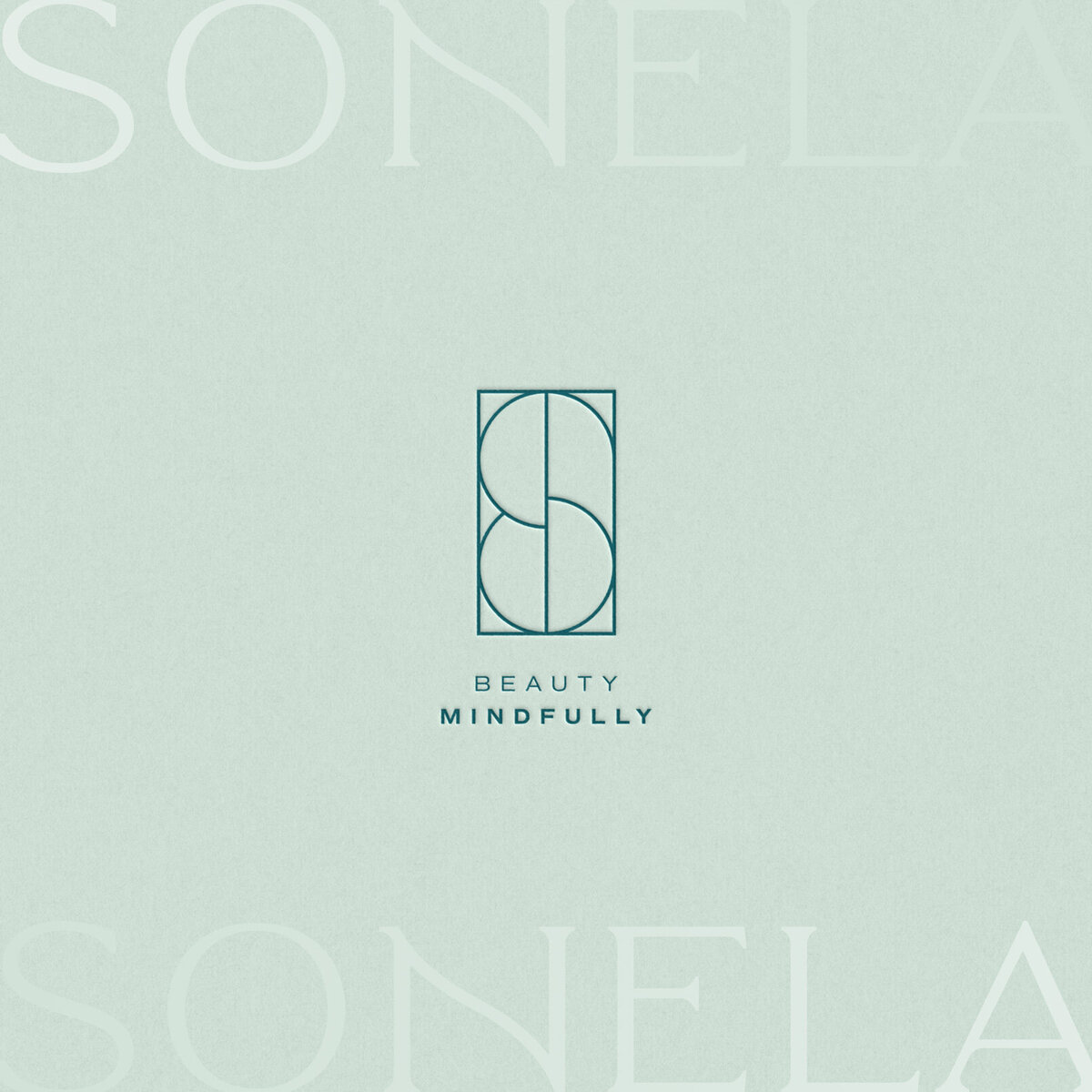 Sonela Beauty brand emblem on a soft mint background mockup