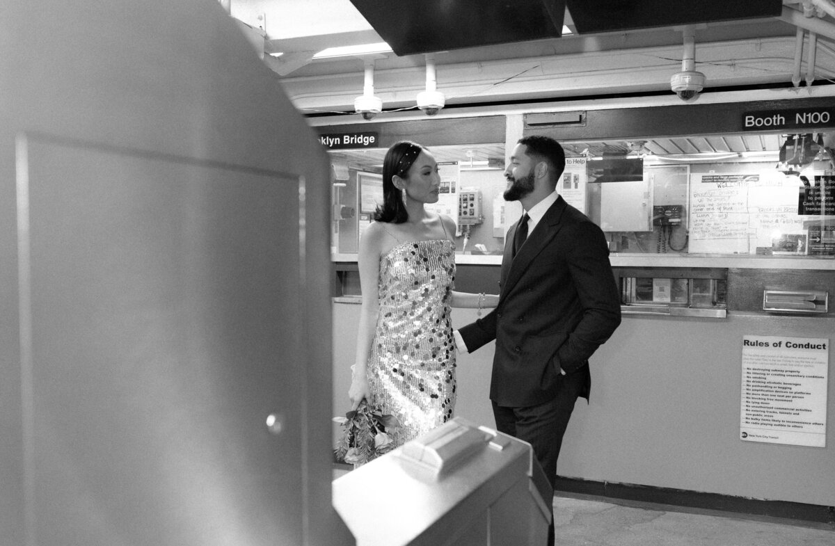 Modern, urban editorial elopement session on the NYC subway, capturing bold style and romantic vibes.