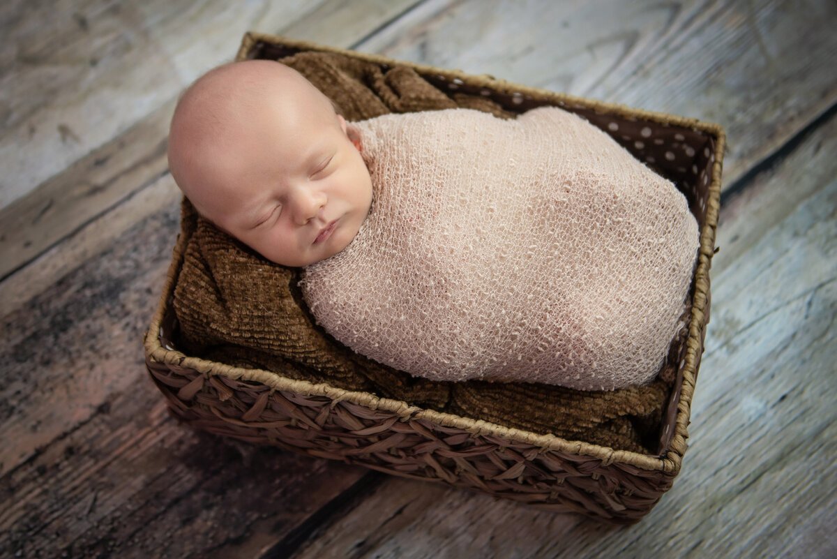 Newborn baby boy in basket in Southern Maine