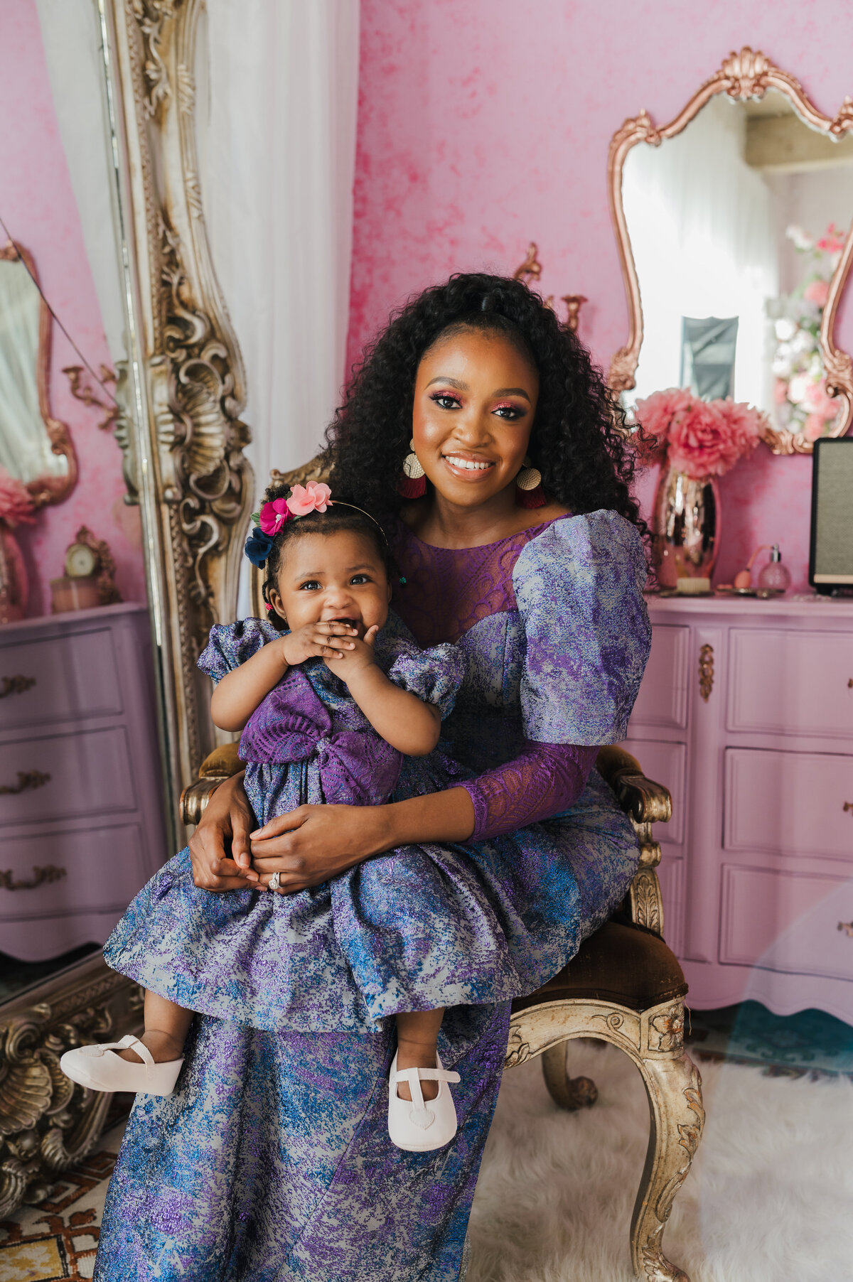 black women in purple dress at pink studio dallas birthday portrait