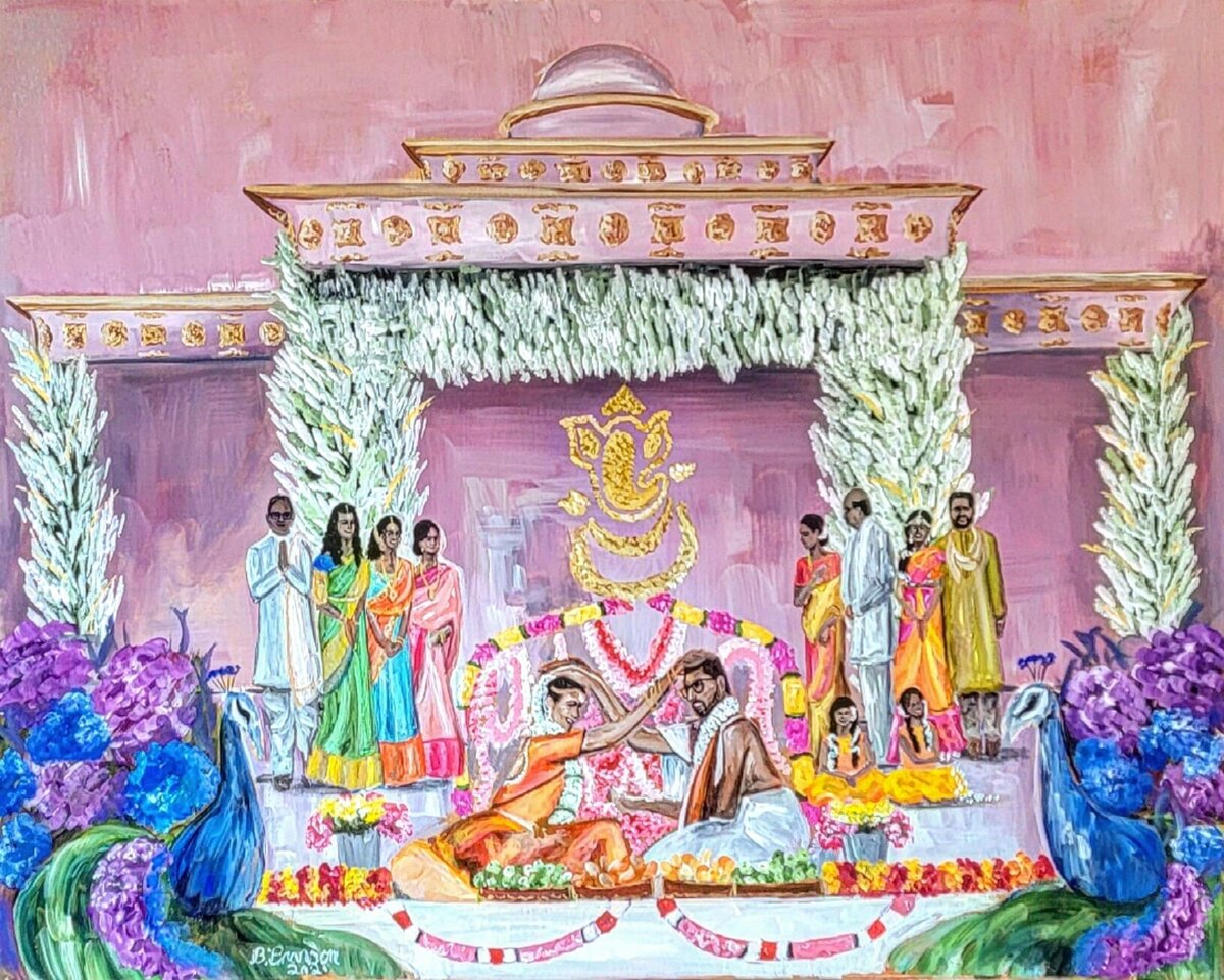 Hindu ceremony live wedding painting in Leesburg, Virginia. Bride and groom in traditional Indian attire are surrounded by family under Mandap.