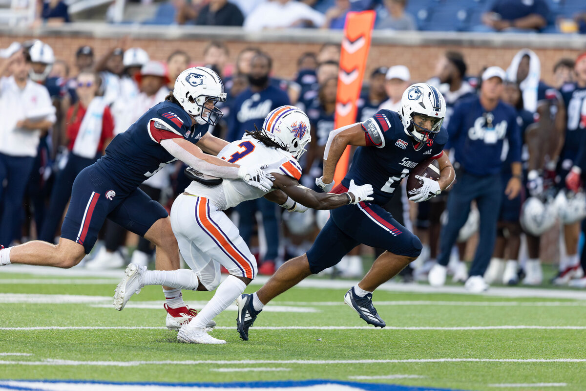 The University of South Alabama's Jamaal Pritchett runs for a touchdown at Hancock Whitney stadium in Mobile, Alabama.