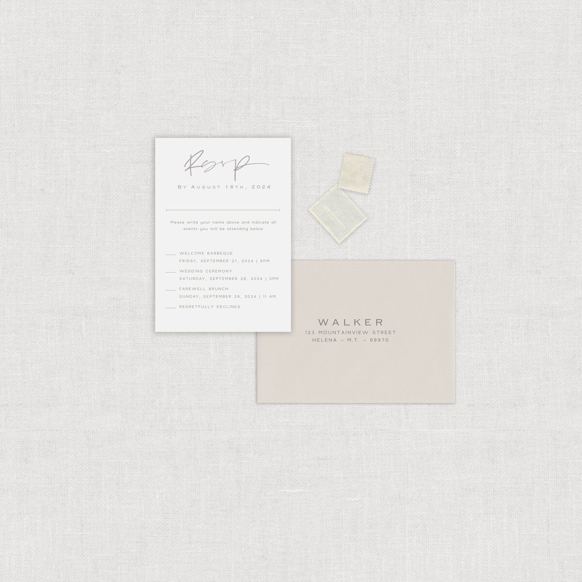 Weekend Wedding Getaway wedding calligraphy invitation with RSVP detail card with wedding calligraphy and rsvp envelope.