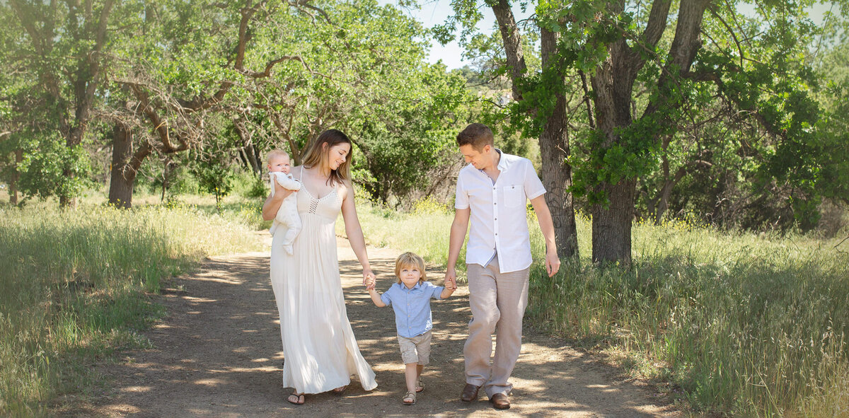 Family of four walking along holding hands in Malibu Creek Park