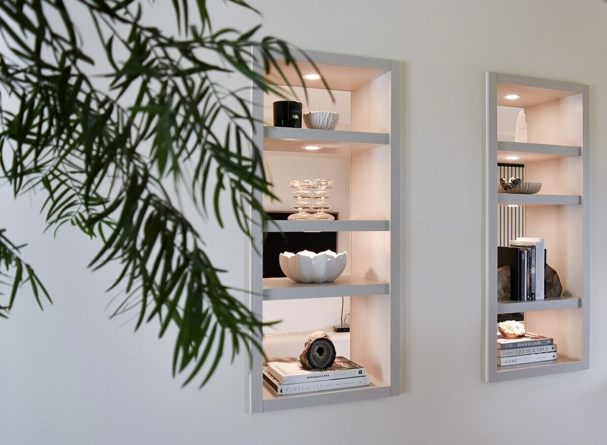 detail of cutout millwork shelves in ranger crescent renovation