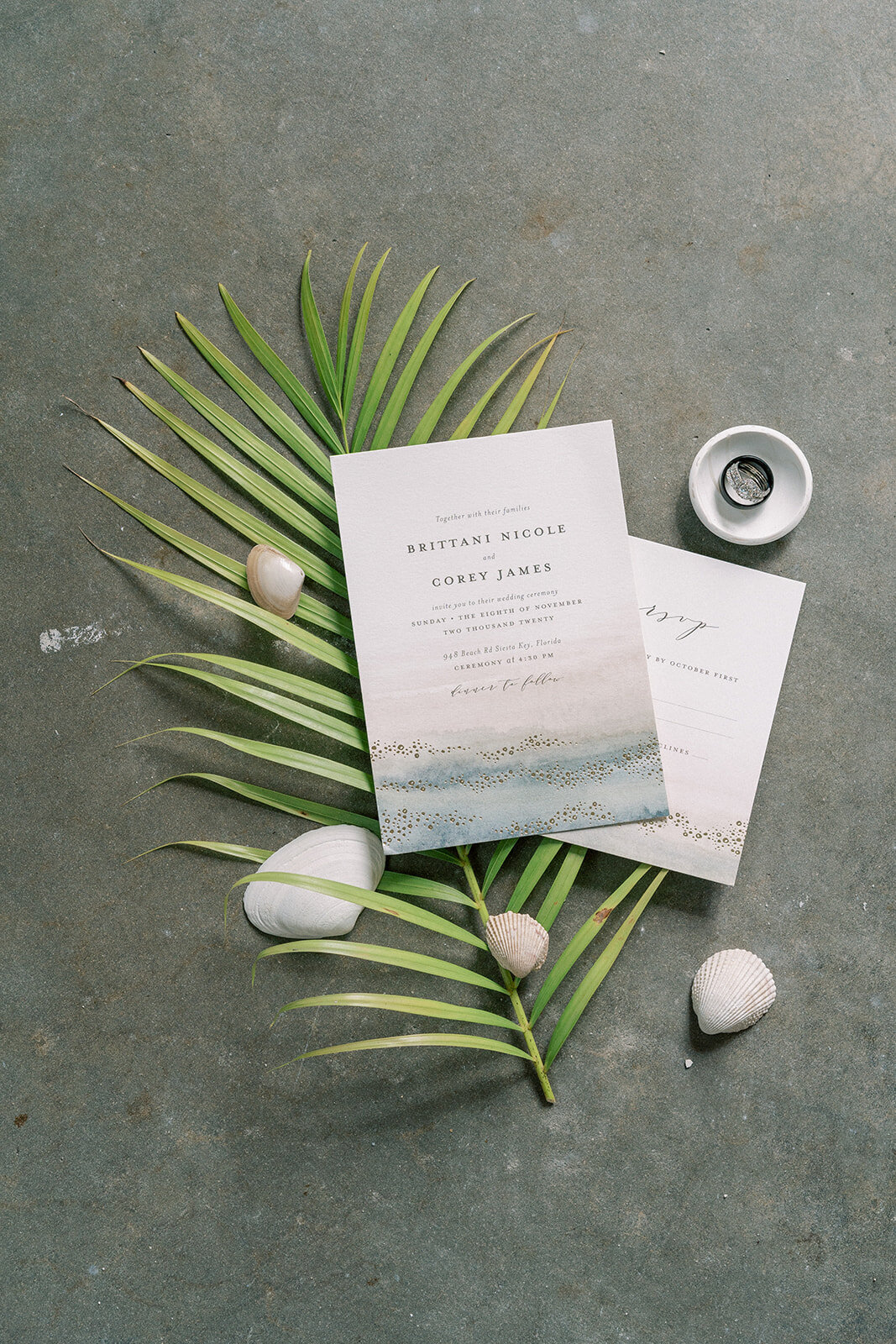 flat lay of coastal style wedding invitations with seashells and a palm leaf