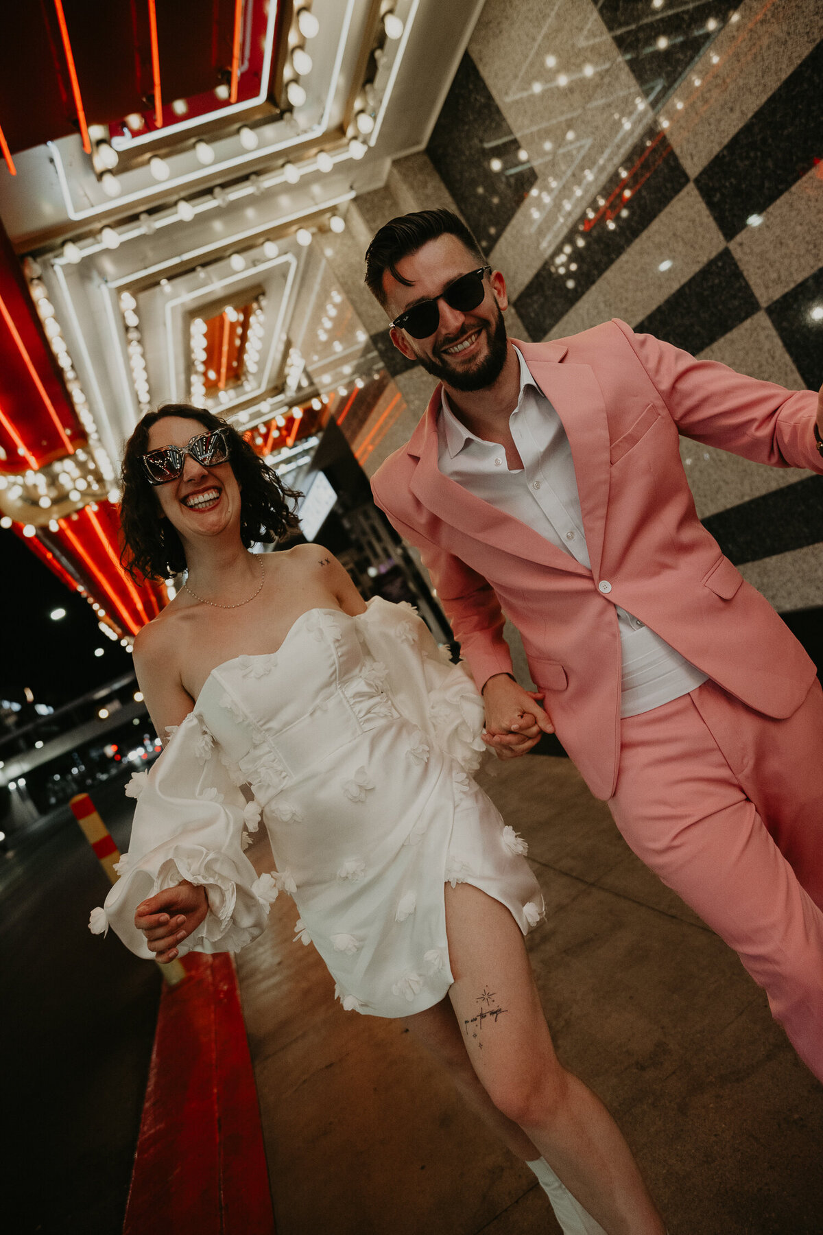 Bride and Groom in Fremont Street in Las Vegas