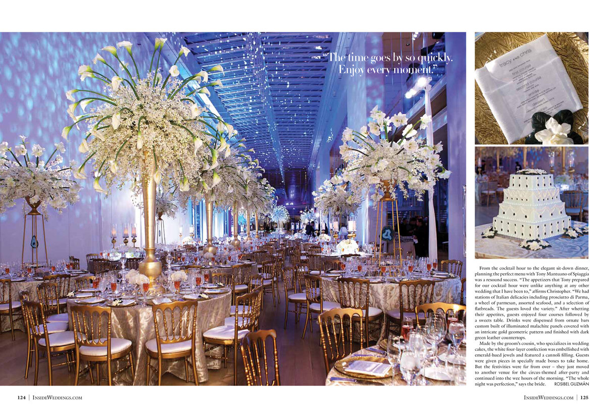 We are always so excited when one of our couple's weddings is selected to be featured in a magazine, especially Inside Weddings. It's one of the best resources for brides who are looking the hottest trends. Event Designer, Vince Hart from Kehoe Designs. recalls that Tracy and Chris wanted the inspiration from their wedding to come from Tracy's love of fashion, themed around a winter wonderland. Kehoe did and amazing job along with, BCR Events, their event planner. Click here for a list of vendors.