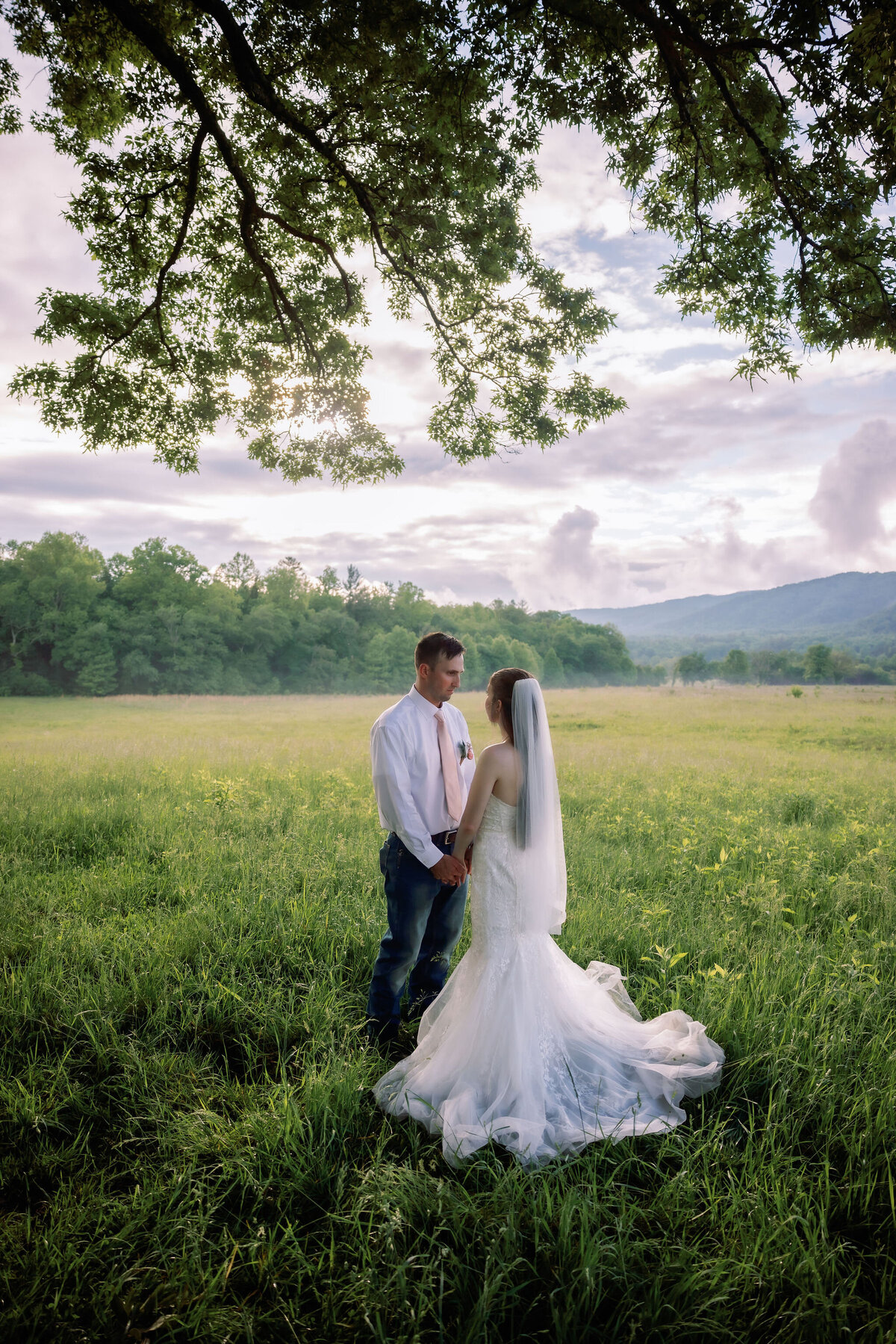 Smoky Mountain elopement in the spring with bride and groom holding hands and sharing vows together in a field in Cades Cove