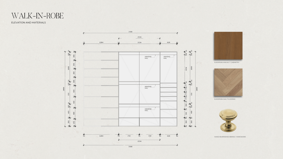 2D elevation of a luxury walk-in robe, meticulously designed to offer both style and practicality.