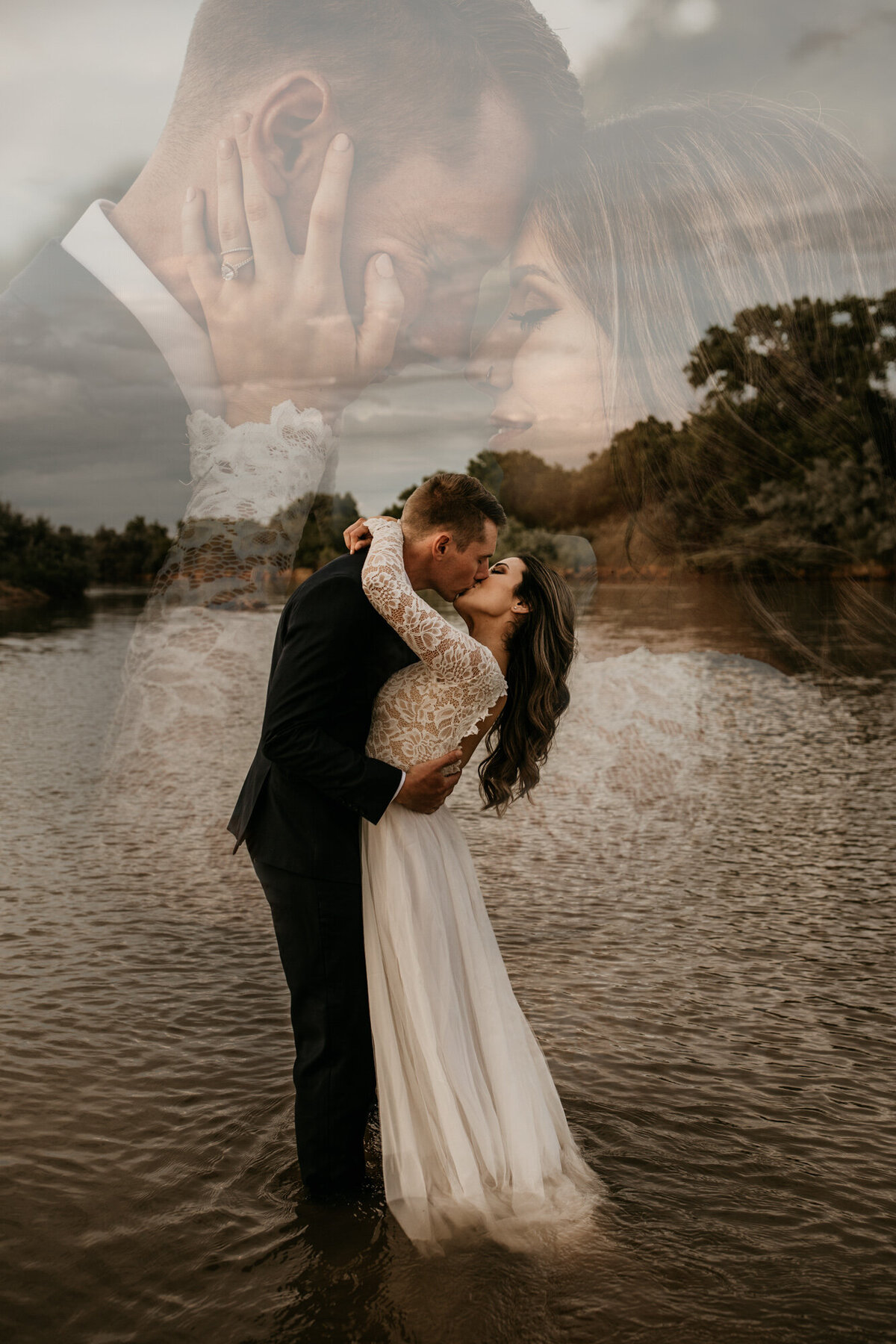 double exposure bride and groom kissing in river