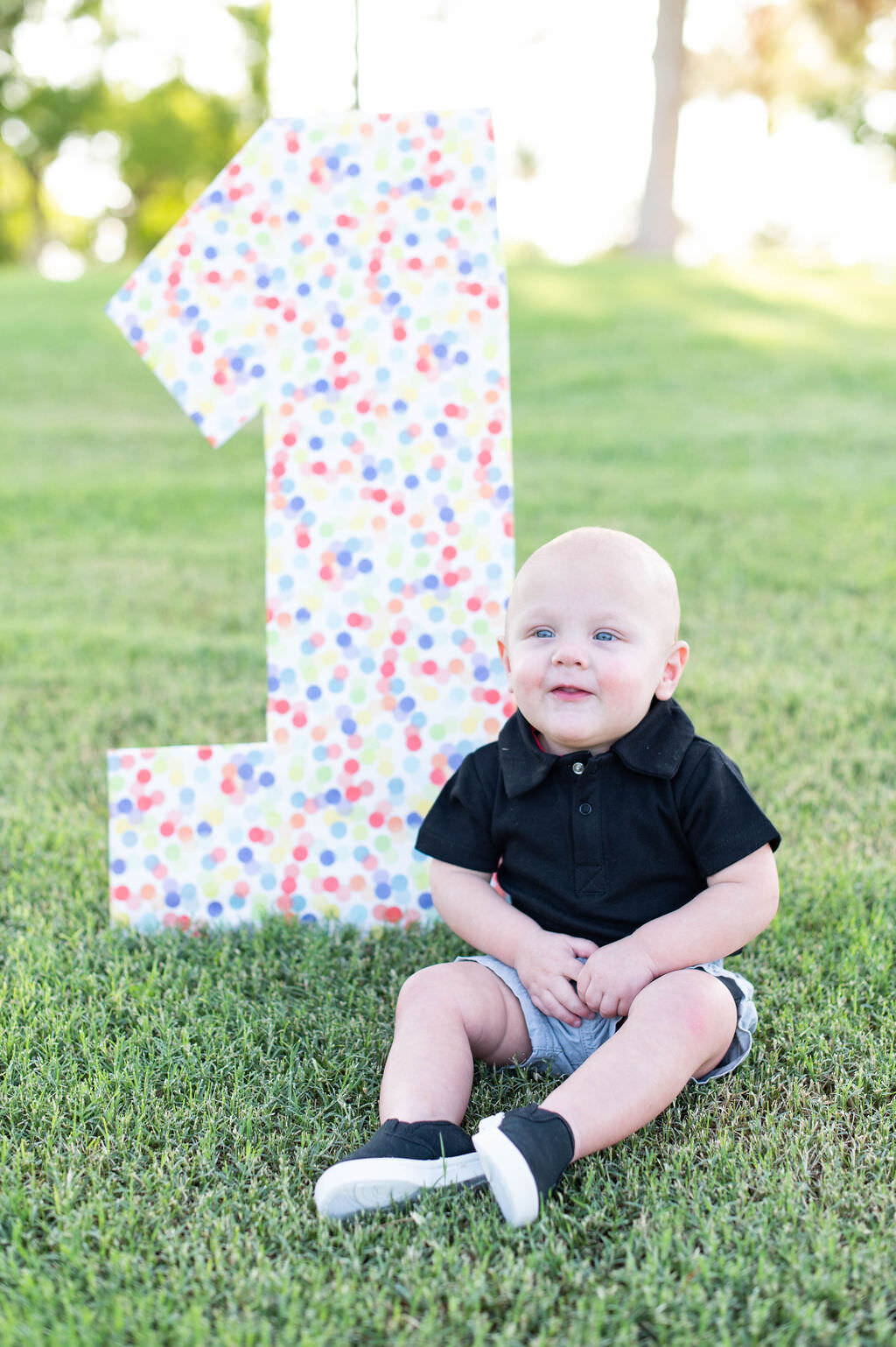 A baby sitting in the grass with a large "1" behind them.