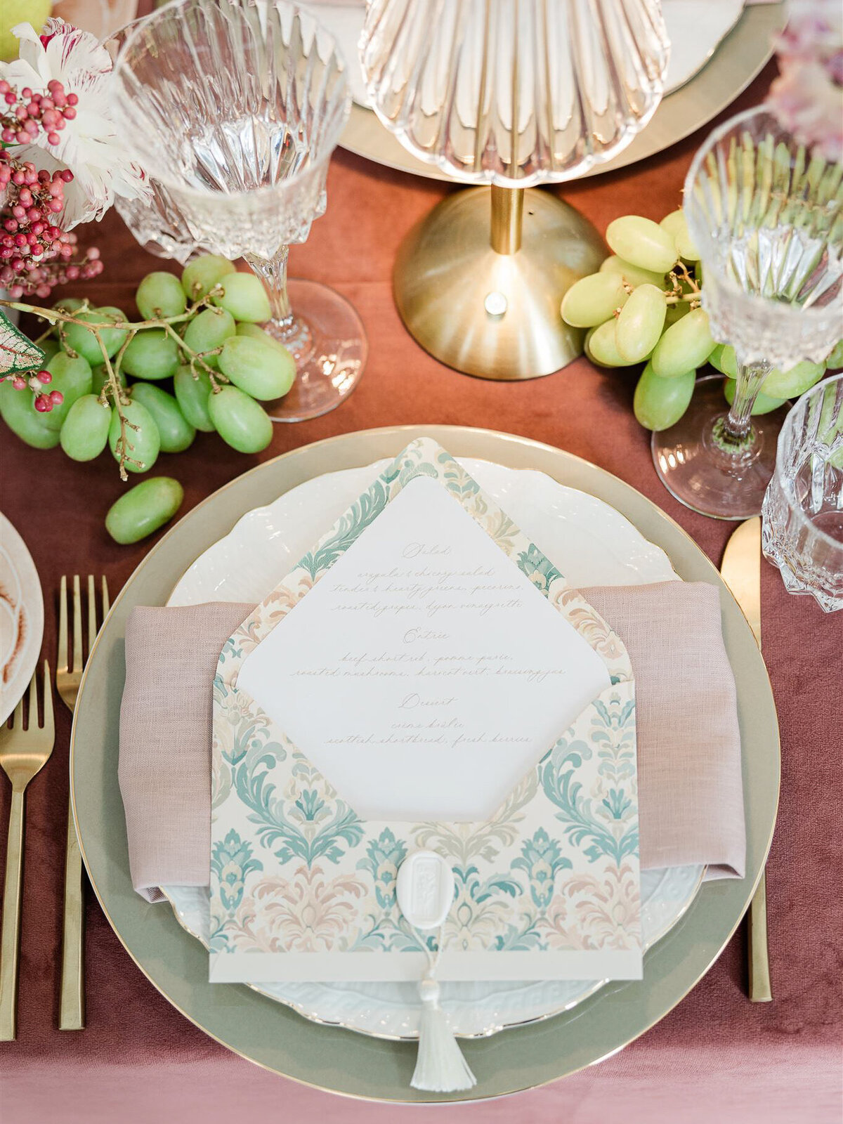 Dusty Rose and Sage Green Damask Envelope Wedding Menu with Calligraphy Envelope Liner Menu, Pearl Wax Seal and Ivory Tassel