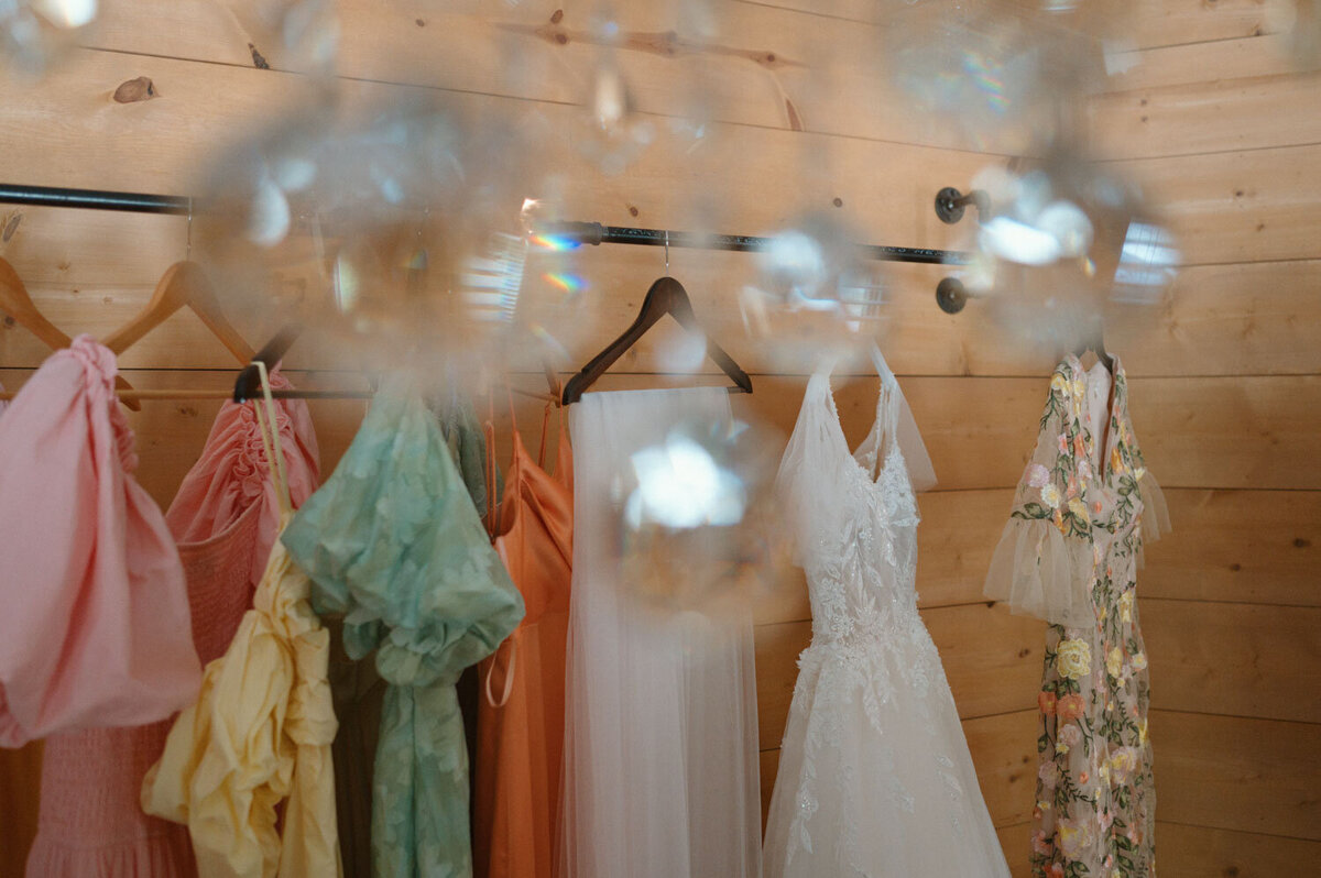 Bridesmaid dresses and wedding gown hanging on a wooden wall