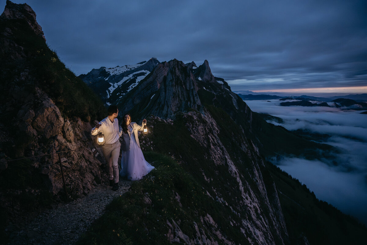 blue hour with eloping couple in Switzerland