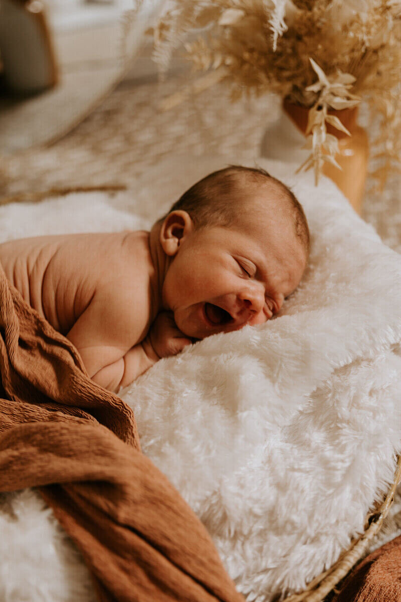 Nourrisson baillant, recouvert d'un tissu et allongé dans un panier rempli d'un plaid blanc lors d'une séance photo naissance.