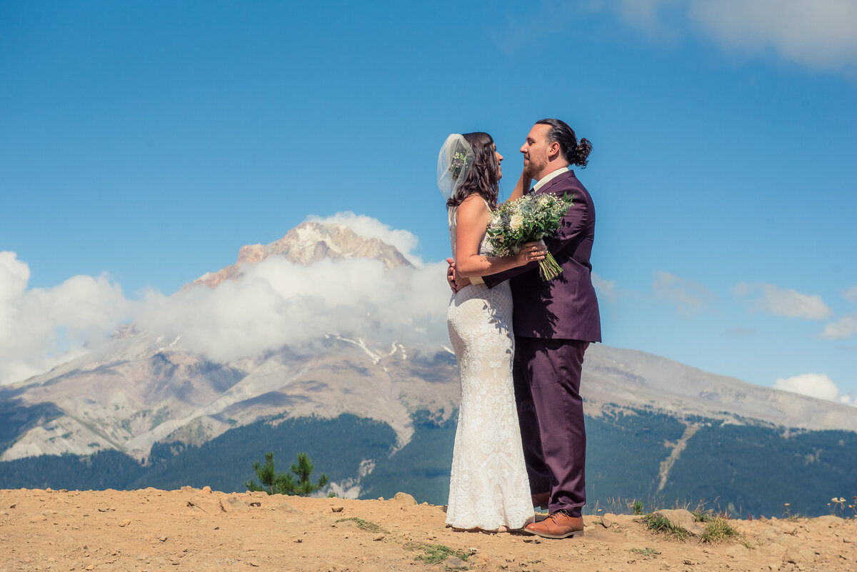 bride and groom and mountain