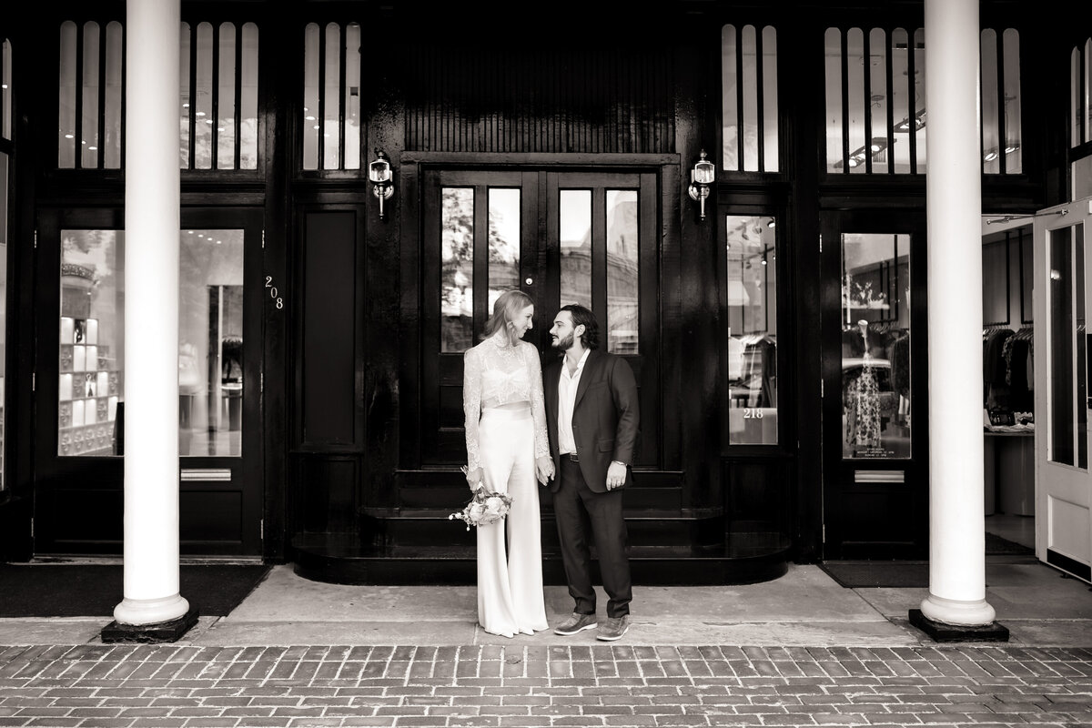 Bride and groom outside an Aspen venue