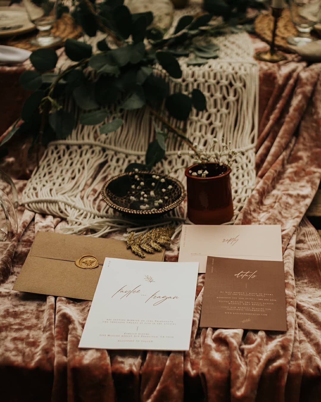 Boho chic wedding stationary flatlay at Hamstra Gardens in Wheatfield, IN