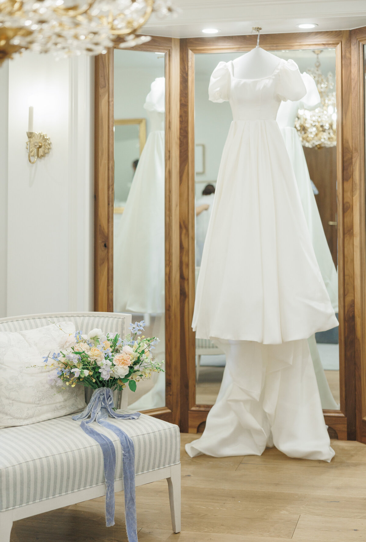 Bridal gown hanging in the bridal suite at Twenty and Creek