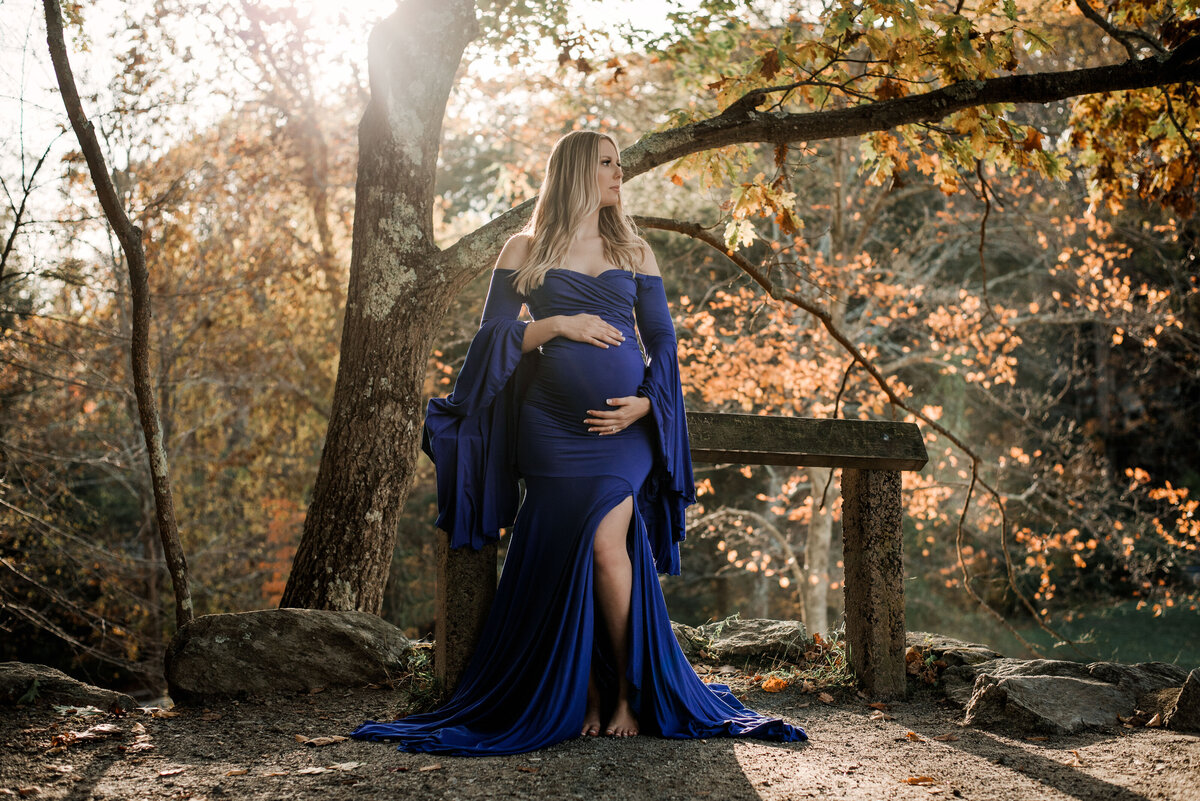 Pregnant lady holding maternity pose with hands on belly wearing a long sleeve floor length blue maternity gown out in the fall leaves