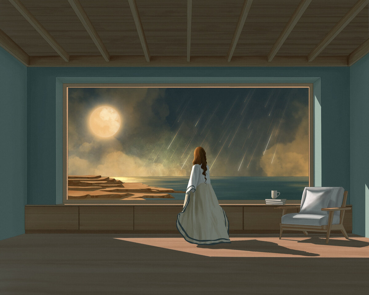 Digital Illustration of a girl looking out over the ocean and the Perseids meteor shower
