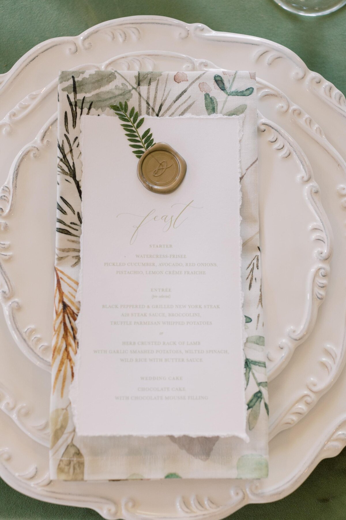 hand-torn-wedding-menu-gold-wax-seal-sprig