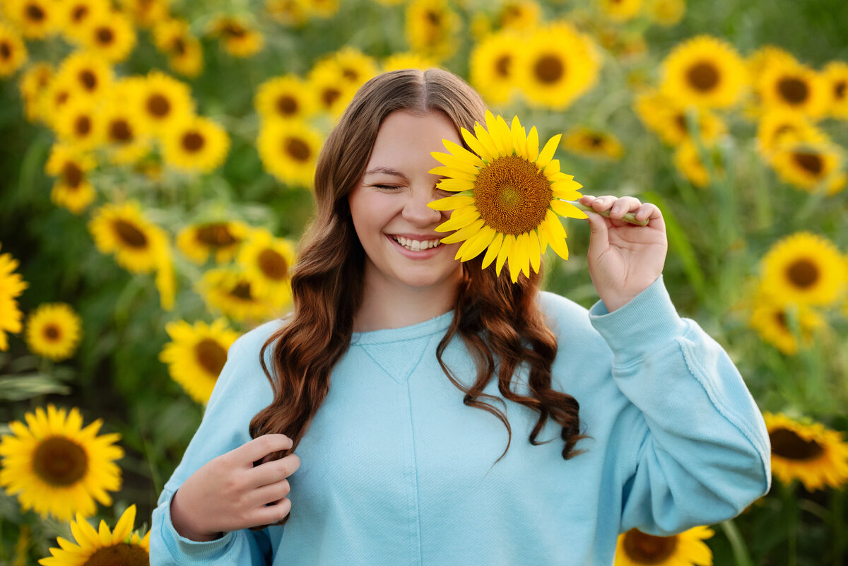 st-louis-senior-photographer-teen-girl-in-sunflower-field-holding-sunflower-over-face-and-laughing`