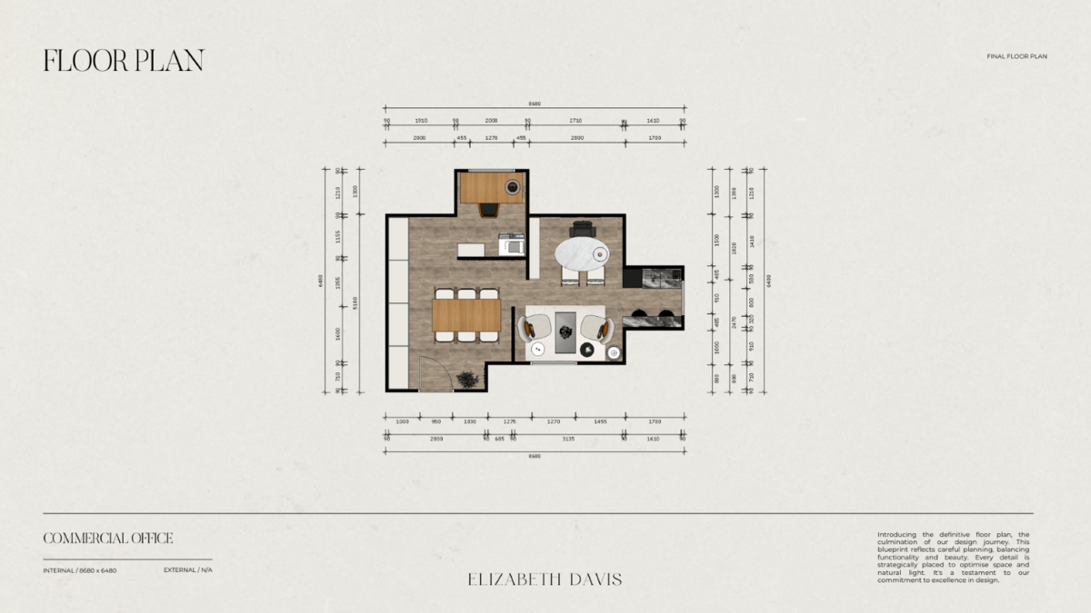 iPad placed atop a book on a travertine coffee table, accompanied by a coffee cup, displaying a 2D floor plan of an interior design studio.