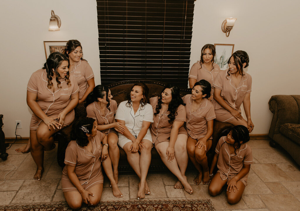 Bride and bridesmaids getting ready in comfy PJ's