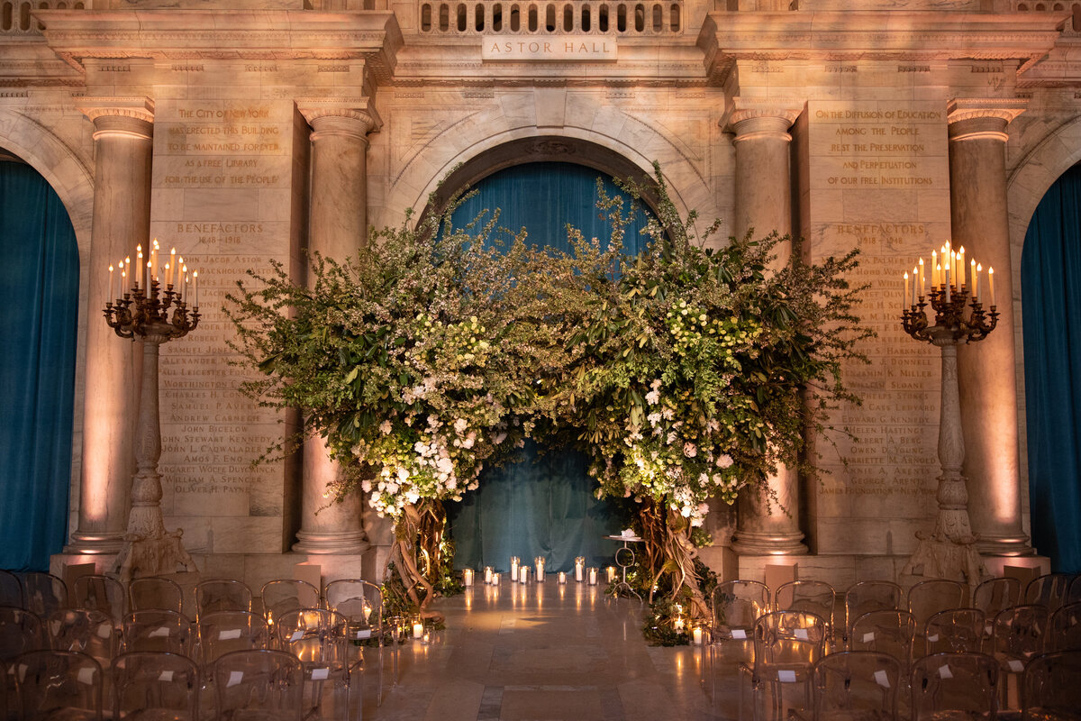 Wedding ceremony with tree alter in New York Public Library