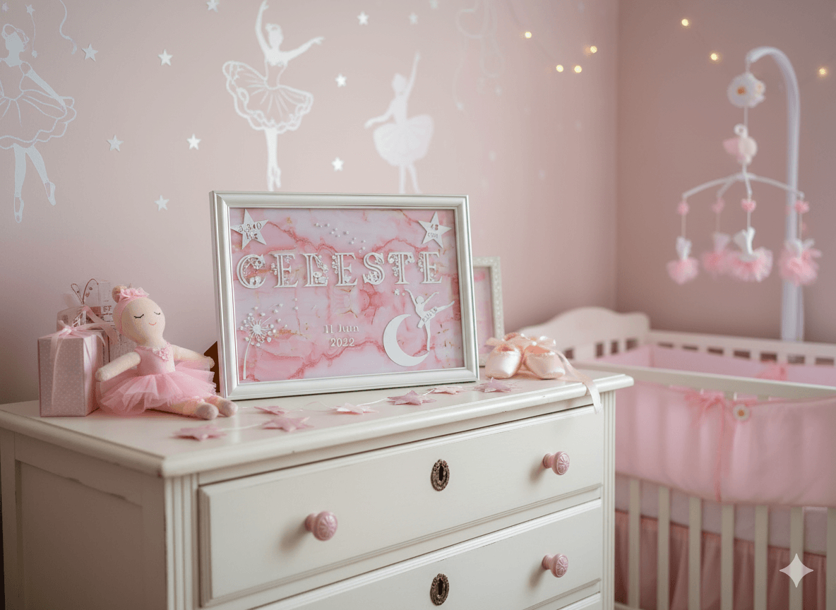 Cadre de naissance rose décoré de motifs de ballerine, d’étoiles et d’une lune, posé sur une commode blanche dans une chambre de bébé aux tons pastel. Le cadre affiche un prénom et des informations de naissance.