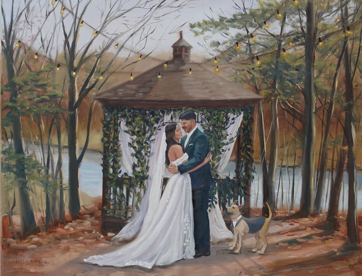 live painting of bride and groom outdoor ceremony with dog The Pavilion at Crystal Lake, Middletown CT