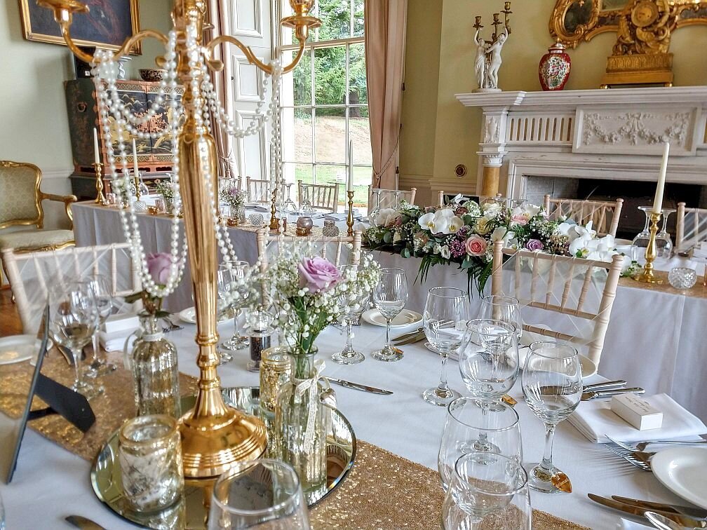 Gold candelabra sequin pearl wedding 18