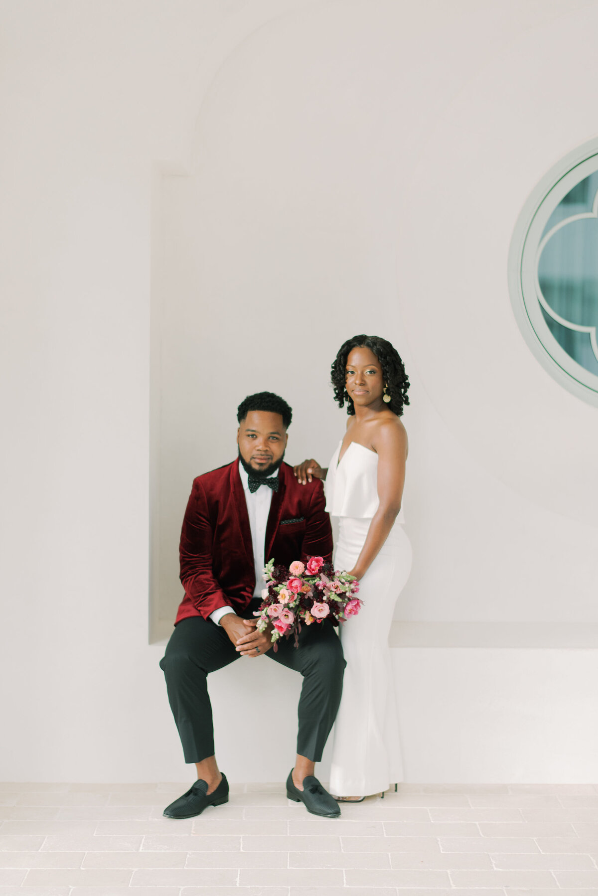 Groom in Velvet Jacket - White Bridal Jumpsuit