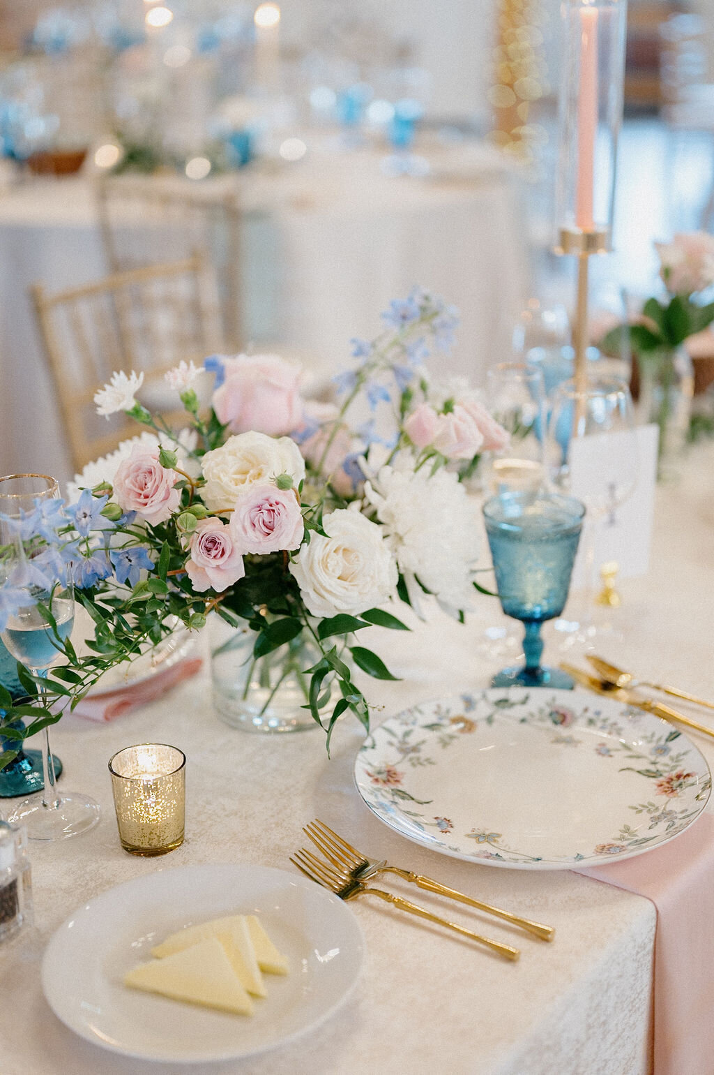 Elegant pastel tablescape for a wedding receeption