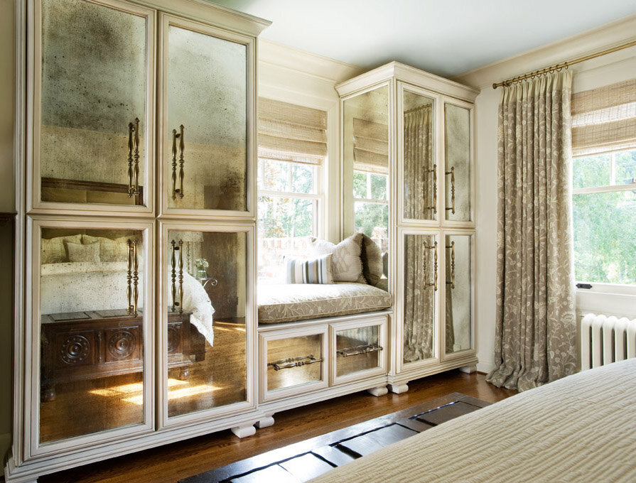 Panageries Residential Interior Design | Tudor Revival Estate Master Bedroom with Reflective Buffets and a Reading Nook