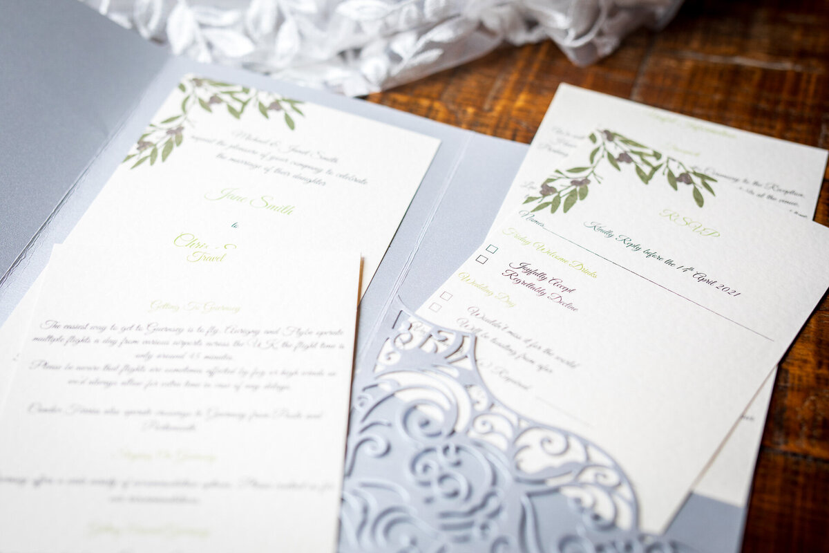 Elegant dove grey and olive wedding invitations